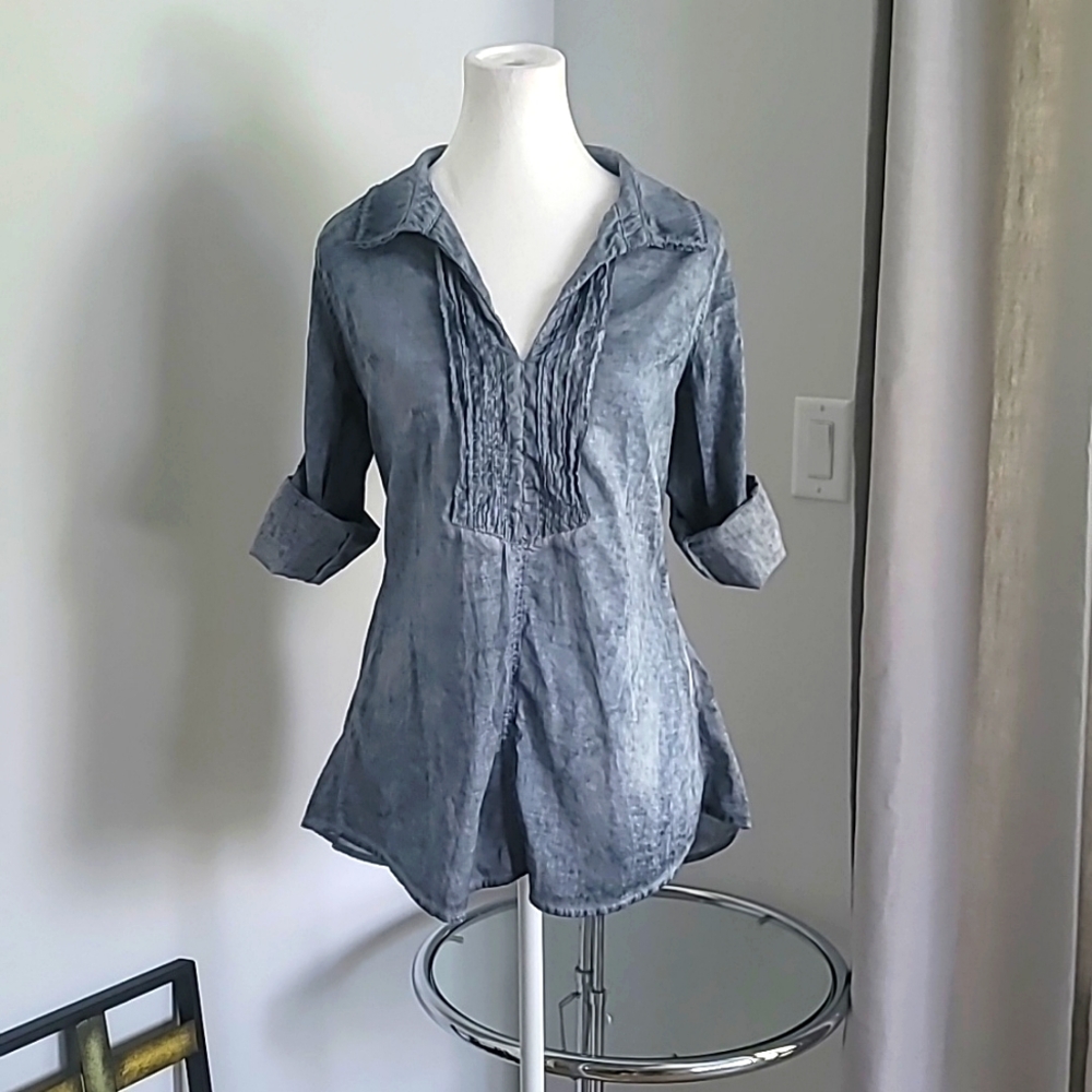 NWOT Christin Michaels Pintucked Cotton Shirt Ocean Blouse